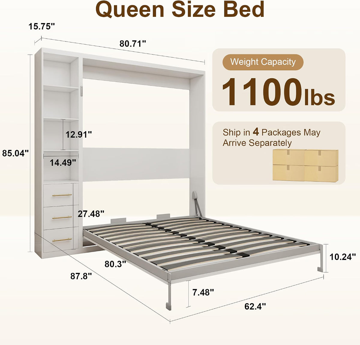 White Queen Murphy Bed with Side Cabinet | Yechen Home