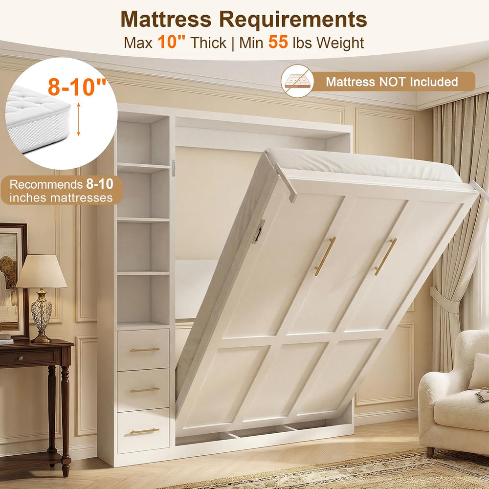 White Queen Murphy Bed with Side Cabinet | Yechen Home