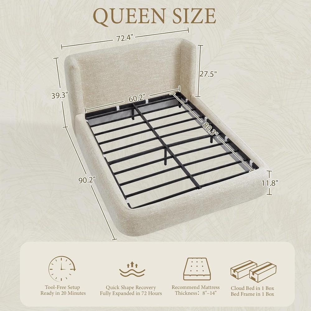 YECHEN Cloud Bed Frame - Modern Water-Resistant Bouclé Upholstered Platform Bed, Tool-Free Assembly, No Box Spring Needed