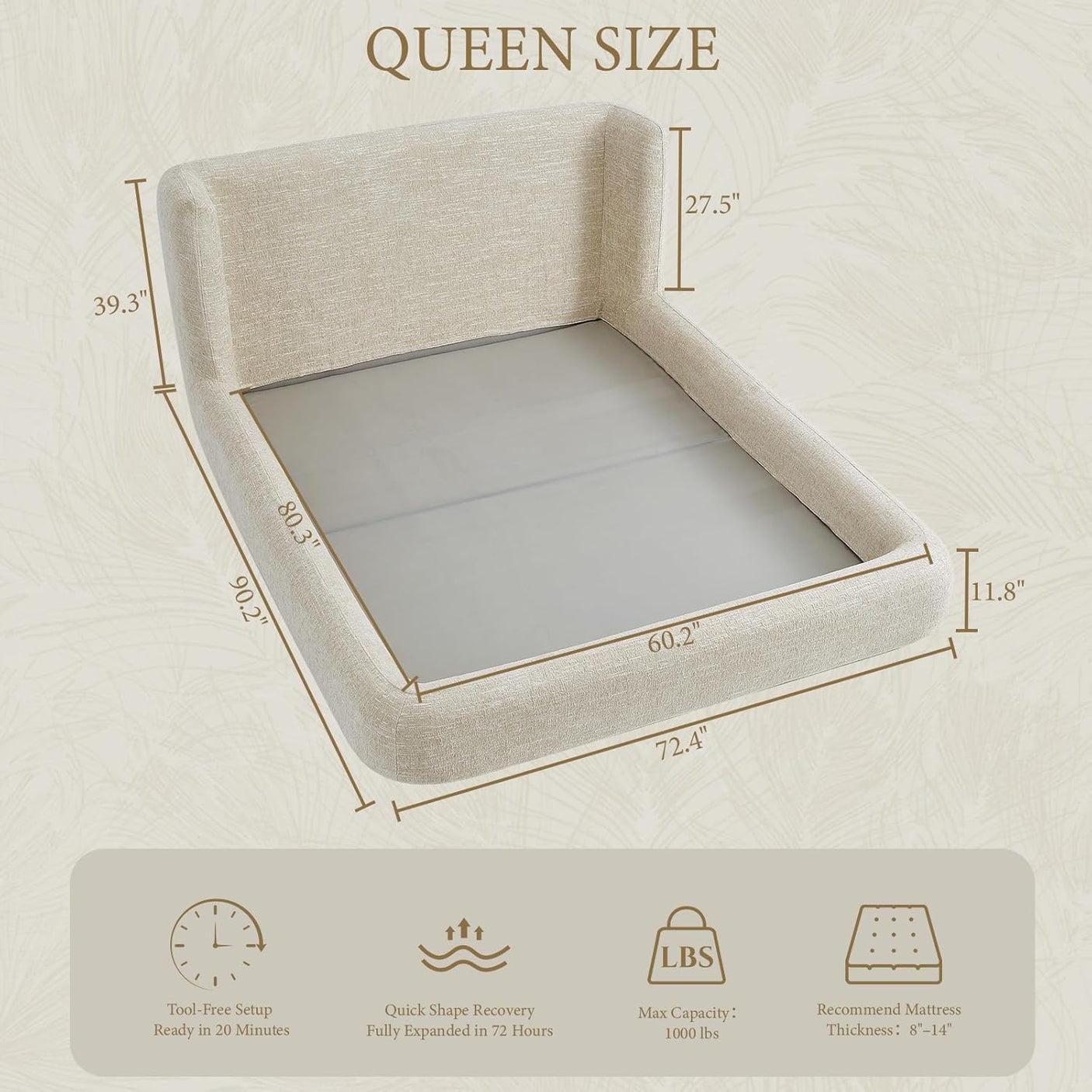 YECHEN Queen Cloud Bed Frame - Modern Water-Resistant Bouclé Upholstered Platform Bed, Tool-Free Assembly, No Box Spring Needed - Cream