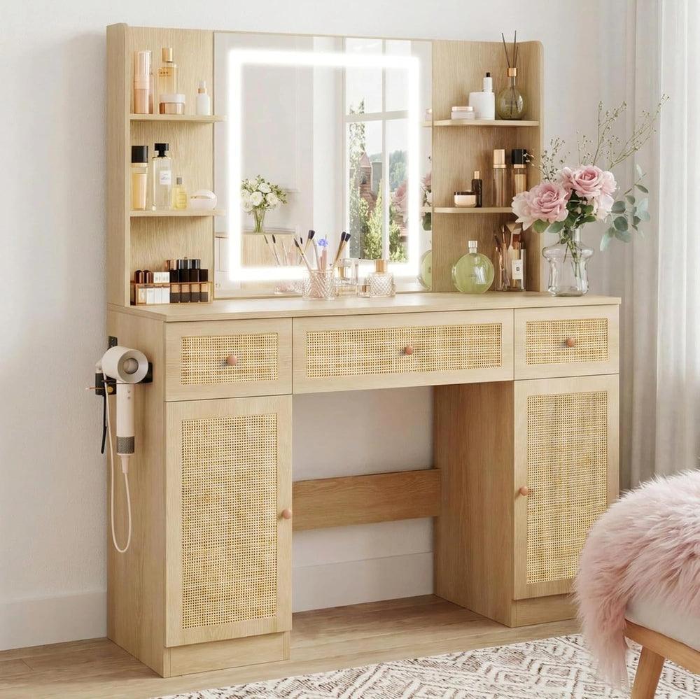 makeup dressing table design Tempered Glass Top Makeup Vanity Desk with Jewelry Storage & Cabinet