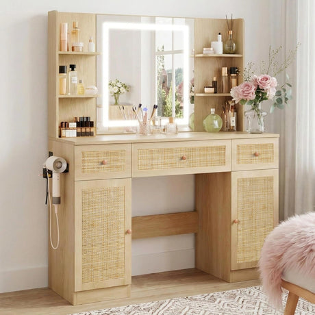 boho dresser with mirror Furniture of America Fairstone 5-Piece Natural Boho Wood Queen Bedroom Set with 2-Nightstands and Dresser/Mirror IDF73001NTQ-NDM