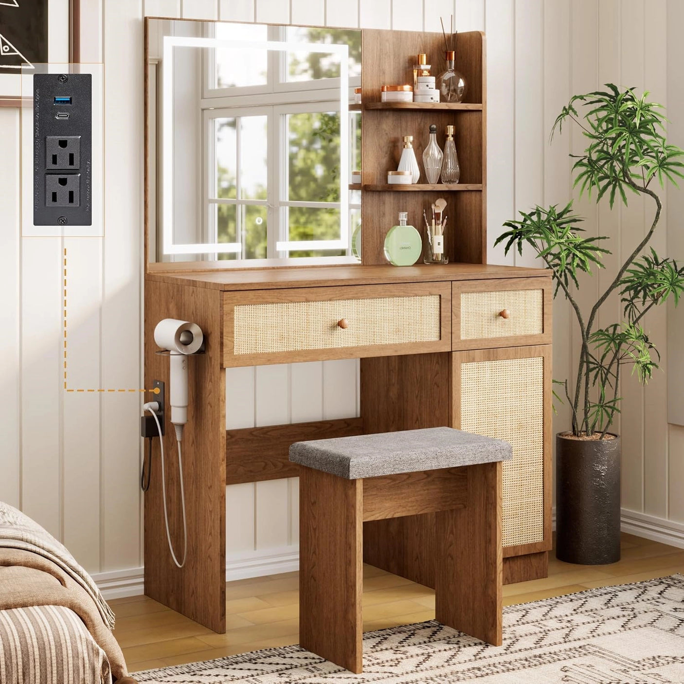 Yechen 35" Boho Makeup Vanity Desk with XL LED Lighted Mirror & Power Strip, Modern Rattan Dressing Table Set with Cushioned Stool & Storage Shelves for Bedroom