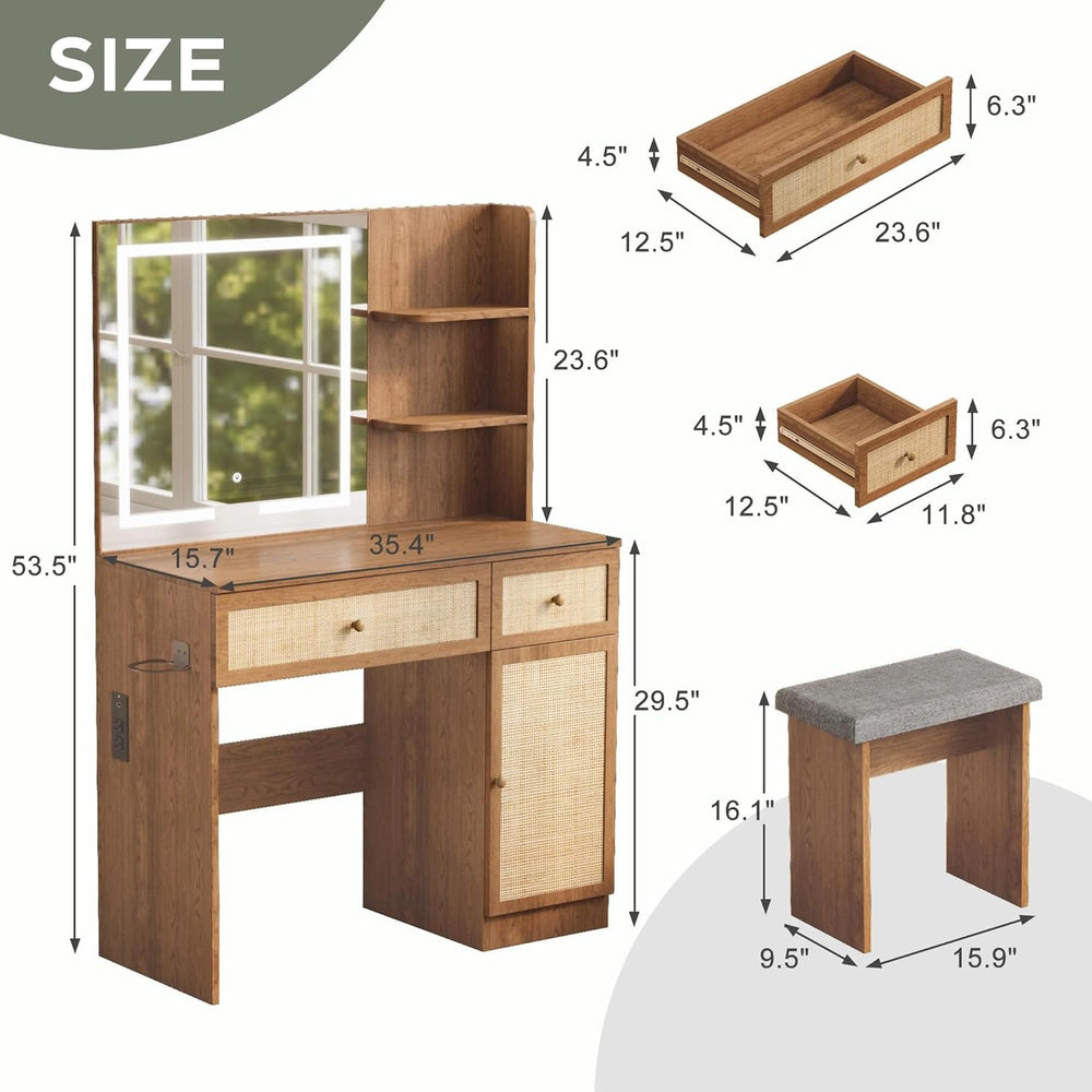 Yechen 35" Boho Makeup Vanity Desk with XL LED Lighted Mirror & Power Strip, Modern Rattan Dressing Table Set with Cushioned Stool & Storage Shelves for Bedroom