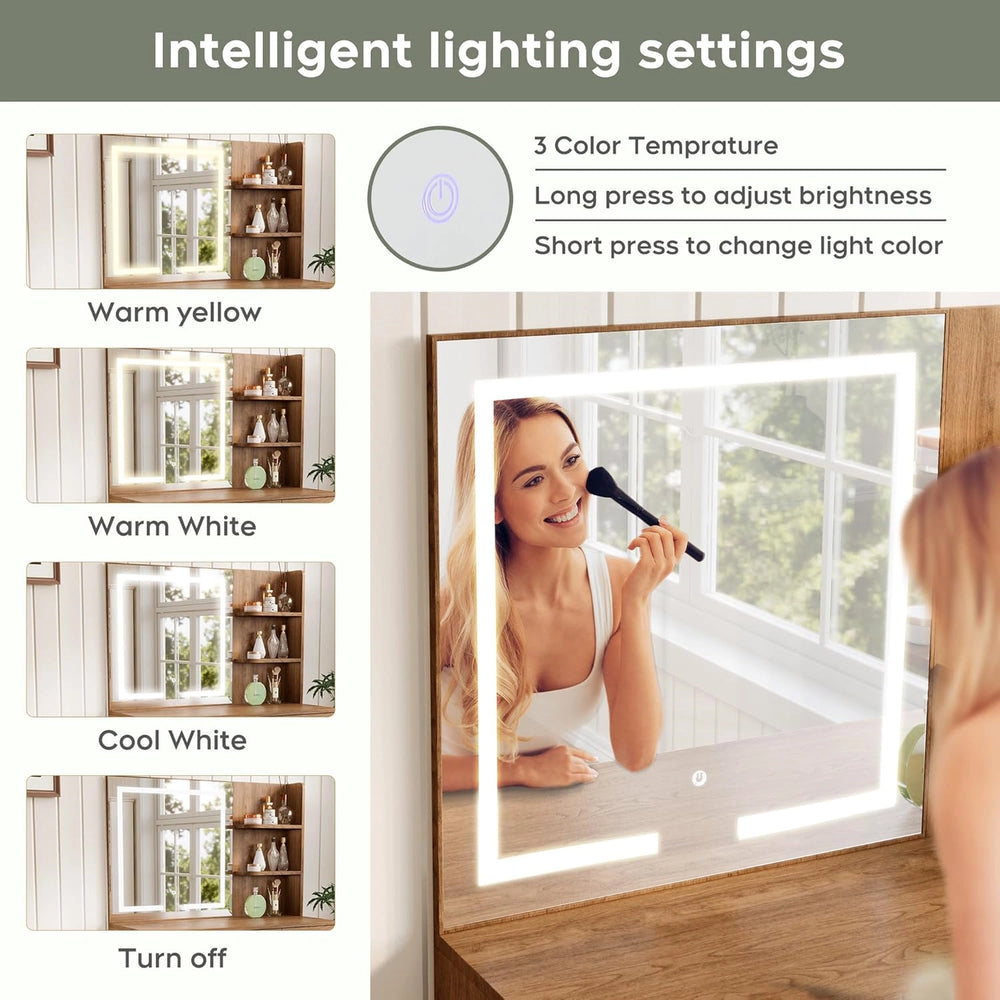 Yechen 35" Boho Makeup Vanity Desk with XL LED Lighted Mirror & Power Strip, Modern Rattan Dressing Table Set with Cushioned Stool & Storage Shelves for Bedroom