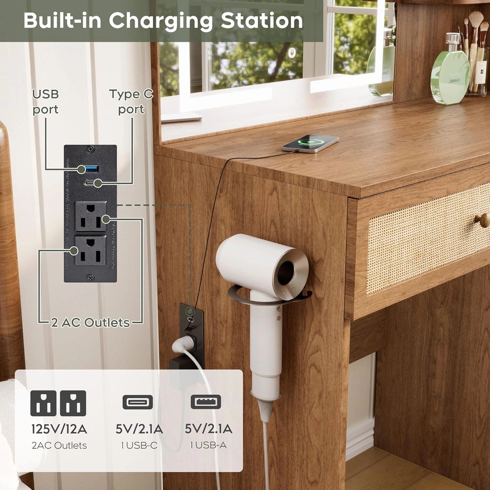 Yechen 35" Boho Makeup Vanity Desk with XL LED Lighted Mirror & Power Strip, Modern Rattan Dressing Table Set with Cushioned Stool & Storage Shelves for Bedroom