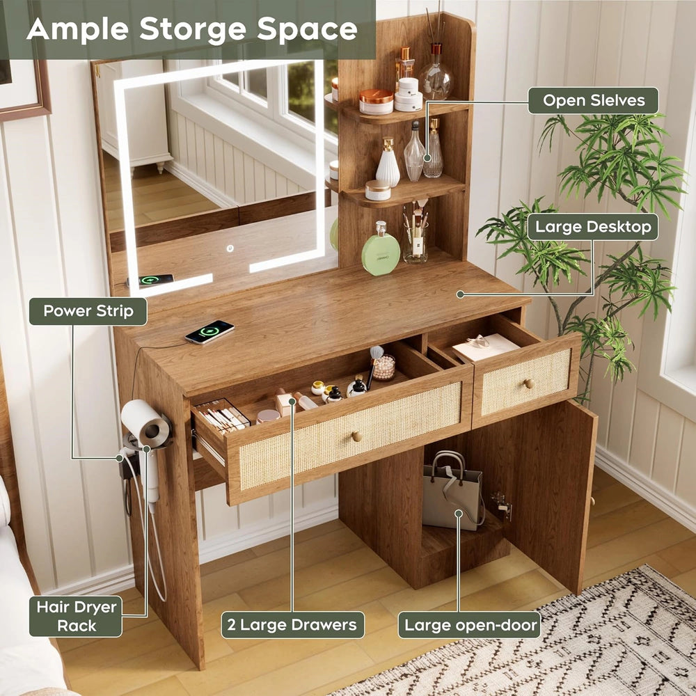 Yechen 35" Boho Makeup Vanity Desk with XL LED Lighted Mirror & Power Strip, Modern Rattan Dressing Table Set with Cushioned Stool & Storage Shelves for Bedroom