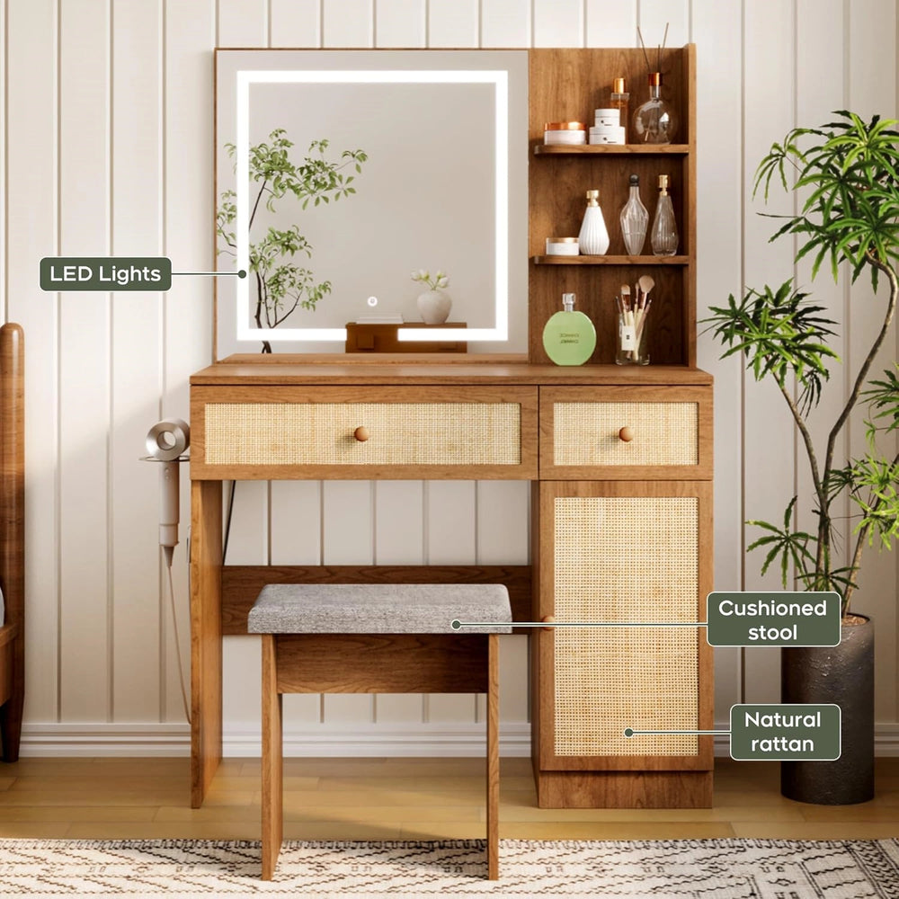 Yechen 35" Boho Makeup Vanity Desk with XL LED Lighted Mirror & Power Strip, Modern Rattan Dressing Table Set with Cushioned Stool & Storage Shelves for Bedroom