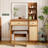 Yechen 35" Boho Makeup Vanity Desk with XL LED Lighted Mirror & Power Strip, Modern Rattan Dressing Table Set with Cushioned Stool & Storage Shelves for Bedroom