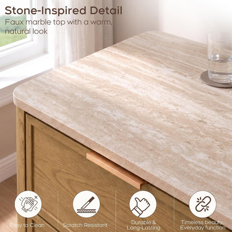 Yechen 28" W 3-Drawer Nightstand with Faux Marble Top, Natural Oak