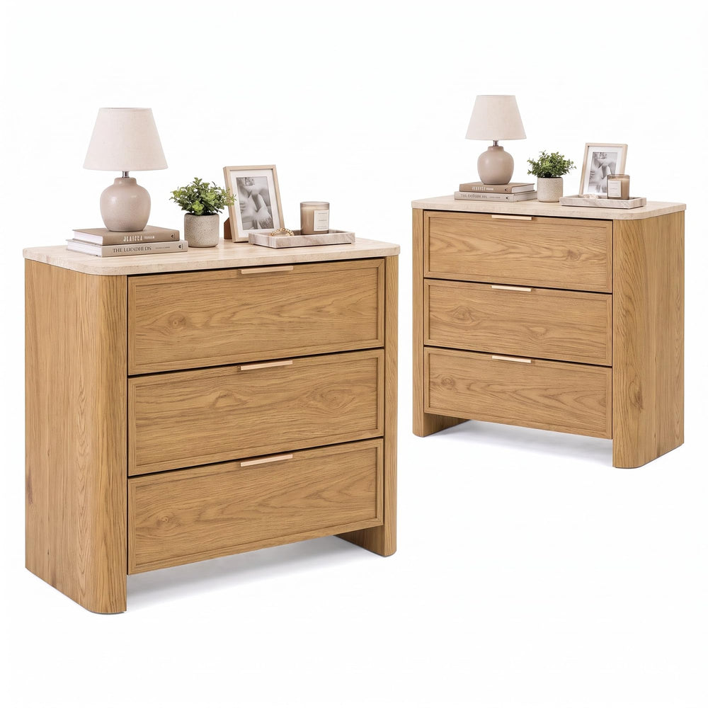 Yechen 28" W 3-Drawer Nightstand with Faux Marble Top, Natural Oak