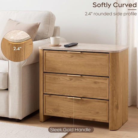 Yechen 28" W 3-Drawer Nightstand with Faux Marble Top, Natural Oak
