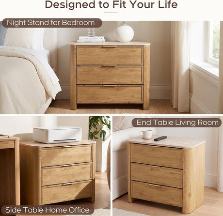 Yechen 28" W 3-Drawer Nightstand with Faux Marble Top, Natural Oak