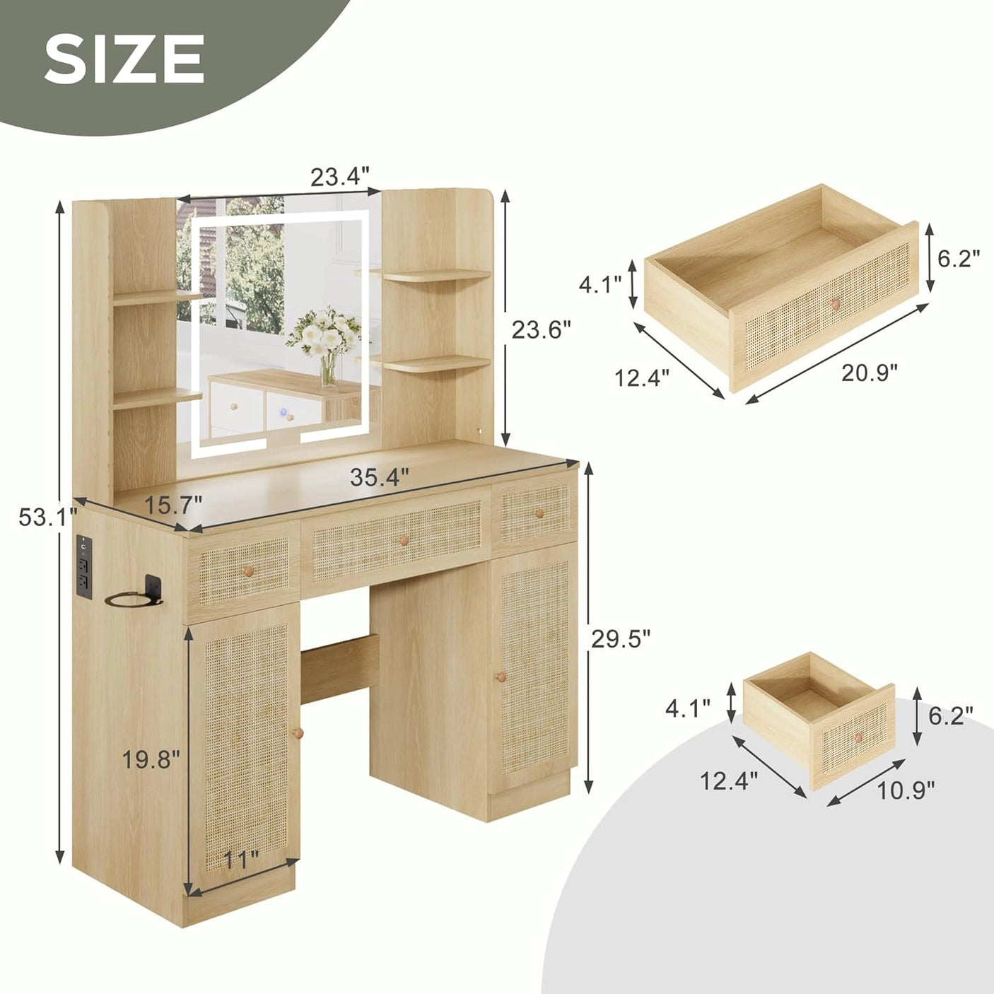 Yechen 35" Boho Makeup Vanity Desk with Sliding LED Mirror & Built-in Power Strip, Modern Rattan Dressing Table Set with Cushioned Stool for Bedroom