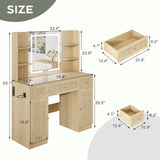 Yechen 35" Boho Makeup Vanity Desk with Sliding LED Mirror & Built-in Power Strip, Modern Rattan Dressing Table Set with Cushioned Stool for Bedroom