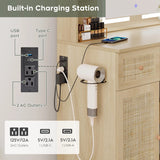 Yechen 35" Boho Makeup Vanity Desk with Sliding LED Mirror & Built-in Power Strip, Modern Rattan Dressing Table Set with Cushioned Stool for Bedroom