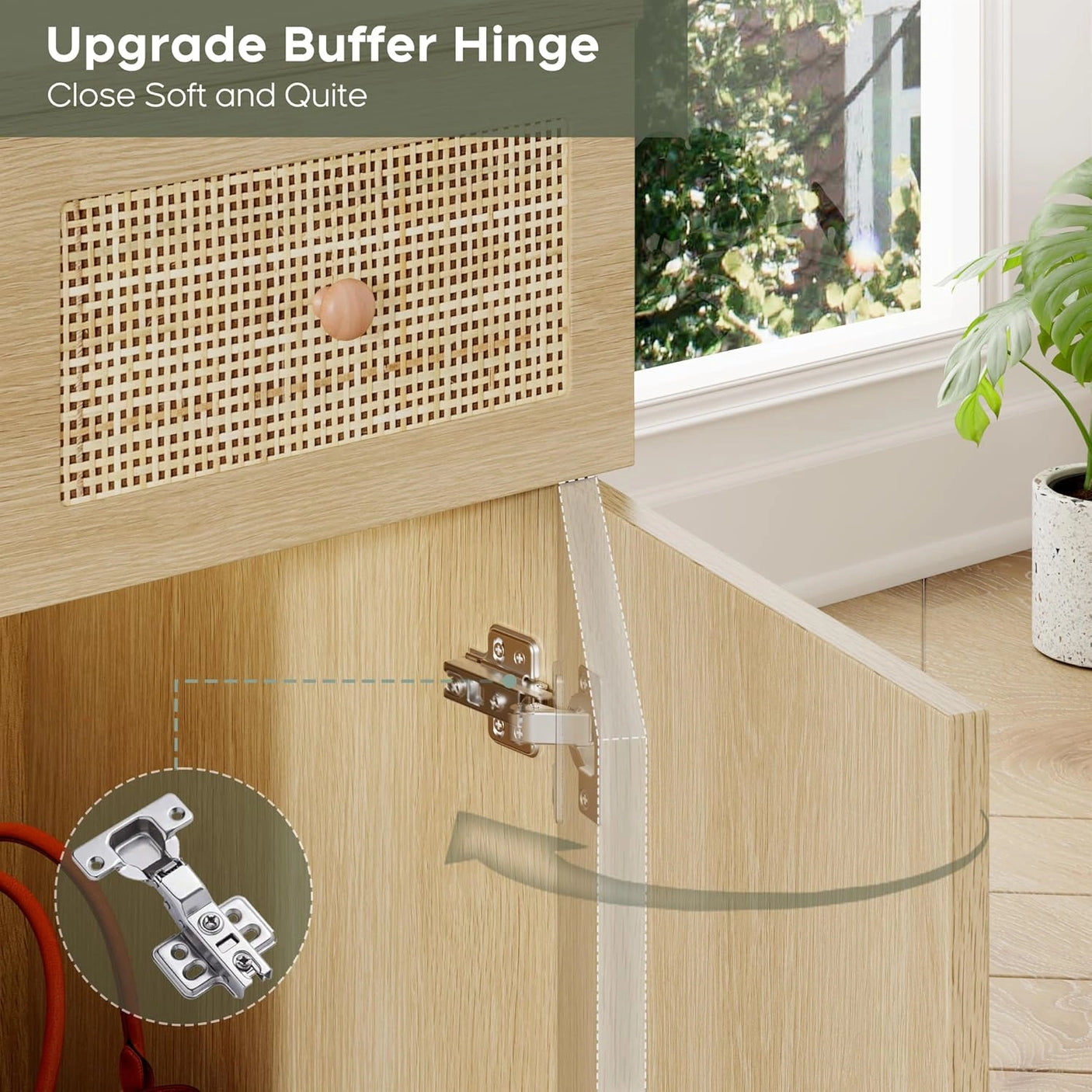 Yechen 35" Boho Makeup Vanity Desk with Sliding LED Mirror & Built-in Power Strip, Modern Rattan Dressing Table Set with Cushioned Stool for Bedroom