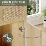 Yechen 35" Boho Makeup Vanity Desk with Sliding LED Mirror & Built-in Power Strip, Modern Rattan Dressing Table Set with Cushioned Stool for Bedroom