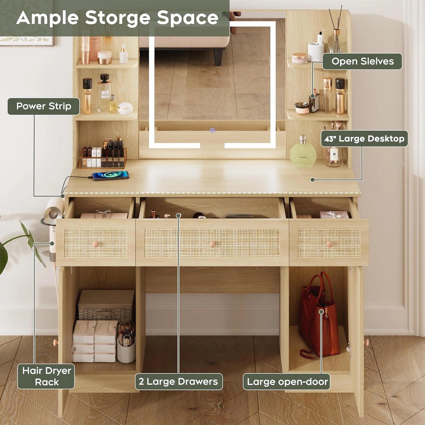 Yechen 35" Boho Makeup Vanity Desk with Sliding LED Mirror & Built-in Power Strip, Modern Rattan Dressing Table Set with Cushioned Stool for Bedroom