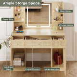 Yechen 35" Boho Makeup Vanity Desk with Sliding LED Mirror & Built-in Power Strip, Modern Rattan Dressing Table Set with Cushioned Stool for Bedroom