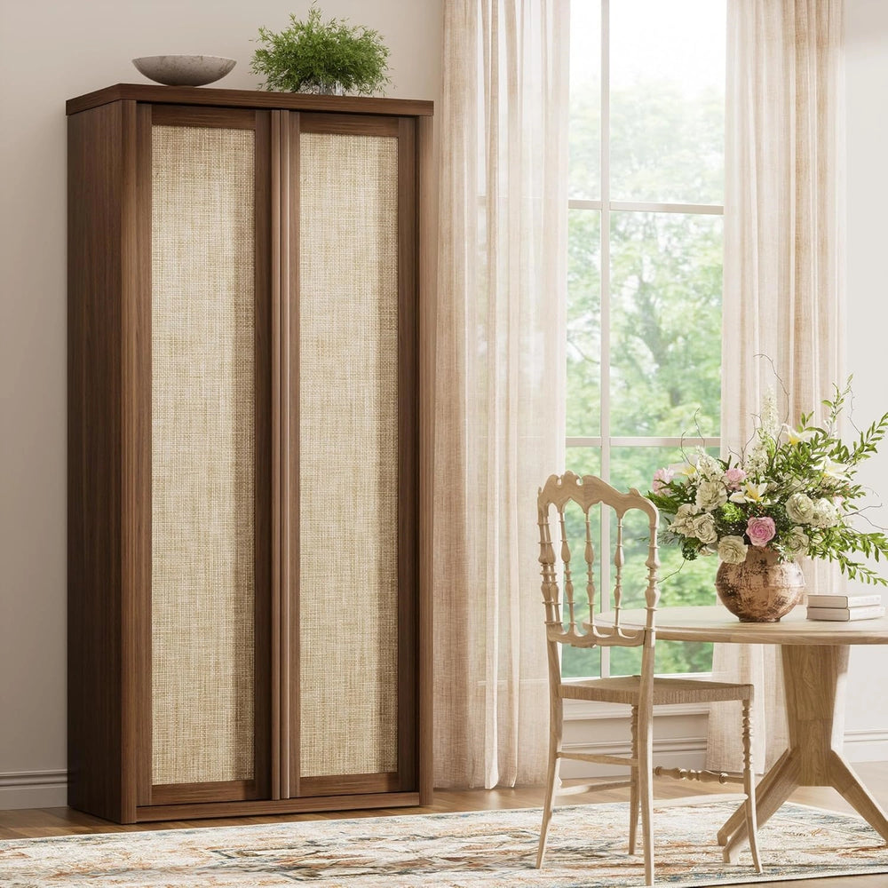 Yechen 67" Tall Kitchen Pantry Cabinet, Rattan Storage Cabinet with Solid Wood Integrated Handleand Adjustable Shelves, Cupboard with Doors for Livingroom,Dining Room, Dark Walnut