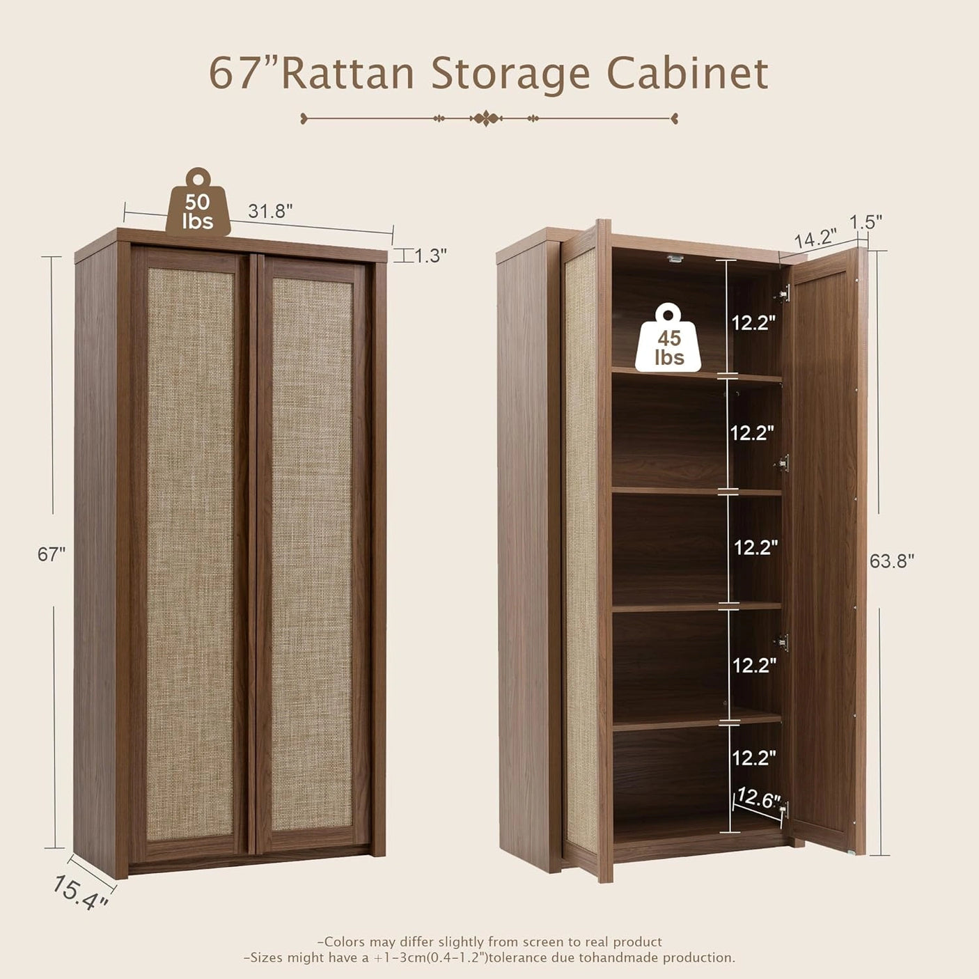 Yechen 67" Tall Kitchen Pantry Cabinet, Rattan Storage Cabinet with Solid Wood Integrated Handleand Adjustable Shelves, Cupboard with Doors for Livingroom,Dining Room, Dark Walnut