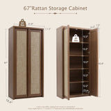 Yechen 67" Tall Kitchen Pantry Cabinet, Rattan Storage Cabinet with Solid Wood Integrated Handleand Adjustable Shelves, Cupboard with Doors for Livingroom,Dining Room, Dark Walnut