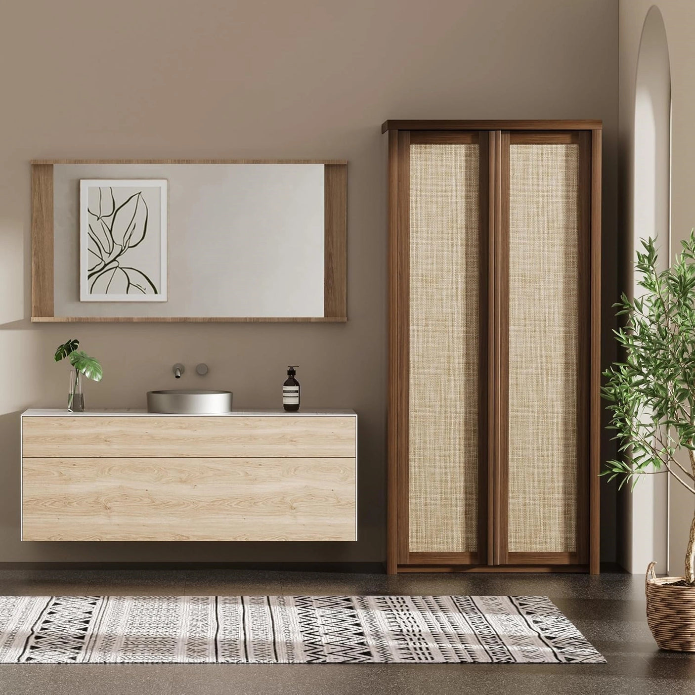 Yechen 67" Tall Kitchen Pantry Cabinet, Rattan Storage Cabinet with Solid Wood Integrated Handleand Adjustable Shelves, Cupboard with Doors for Livingroom,Dining Room, Dark Walnut