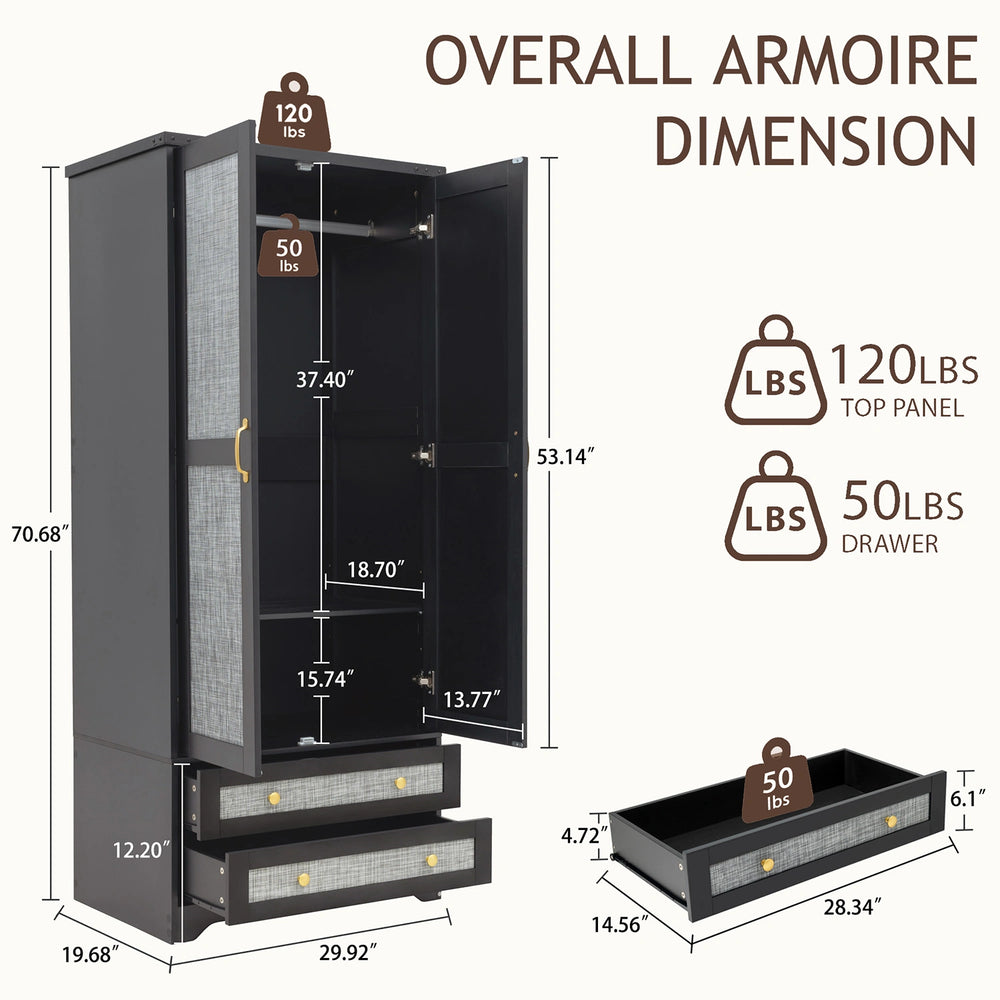 Yechen 71" Modern Armoire Wardrobe Closet with 2 Drawers & Hanging Rod