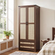 Yechen 71" Wooden Armoire Wardrobe Closet with 2 Doors & 2 Drawers, Walnut. Adjustable Shelf and Hanging Rail
