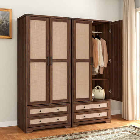Yechen 71" Wooden Armoire Wardrobe Closet with 2 Doors & 2 Drawers, Walnut. Adjustable Shelf and Hanging Rail 10