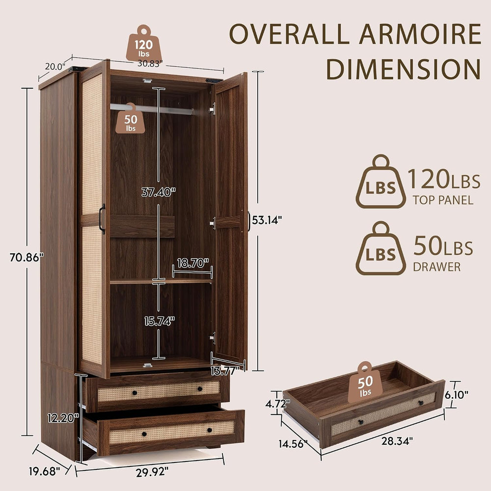 Yechen 71" Wooden Armoire Wardrobe Closet with 2 Doors & 2 Drawers, Walnut. Adjustable Shelf and Hanging Rail
 2