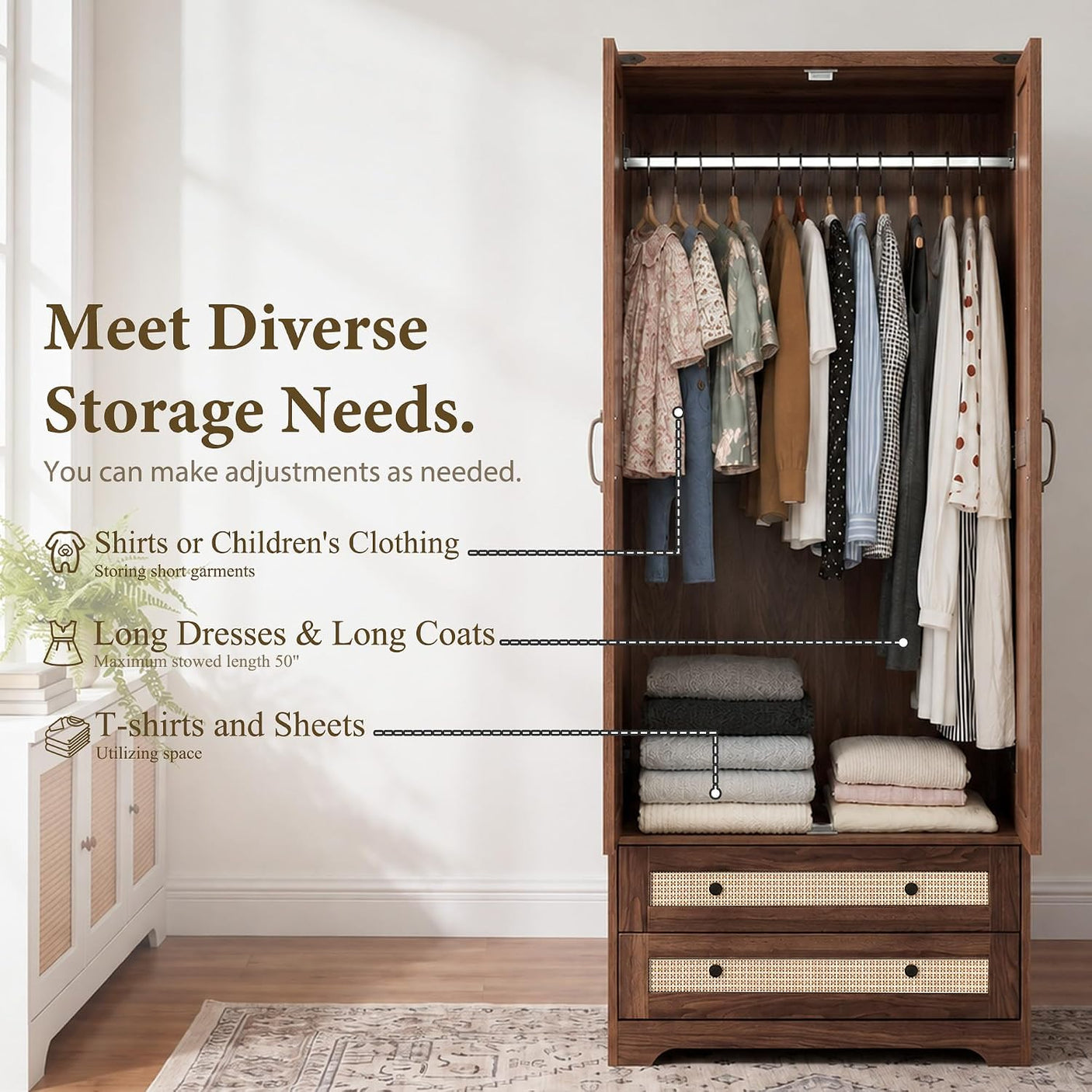 Yechen 71" Wooden Armoire Wardrobe Closet with 2 Doors & 2 Drawers, Walnut. Adjustable Shelf and Hanging Rail 3