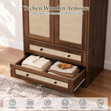 Yechen 71" Wooden Armoire Wardrobe Closet with 2 Doors & 2 Drawers, Walnut. Adjustable Shelf and Hanging Rail 