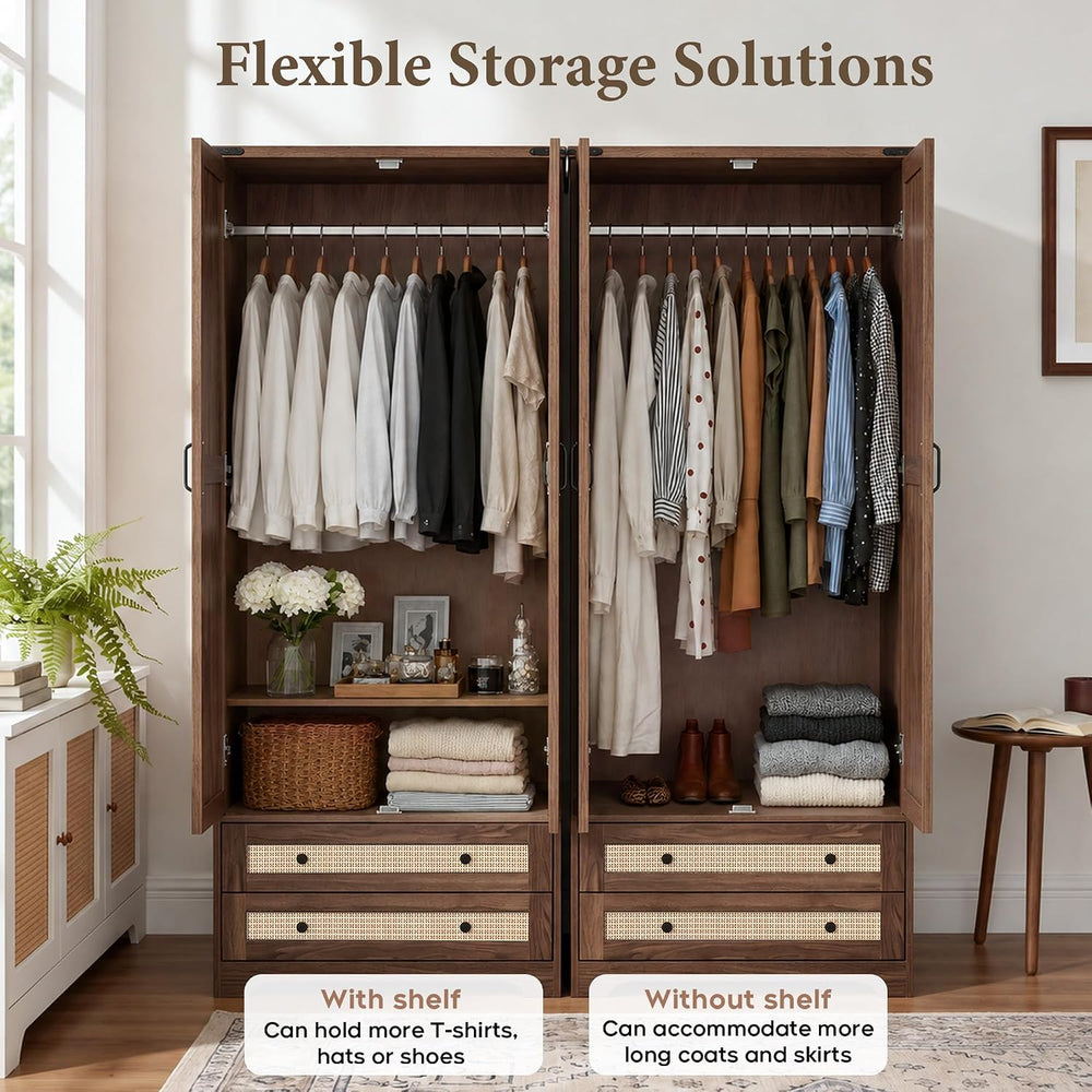 Yechen 71" Wooden Armoire Wardrobe Closet with 2 Doors & 2 Drawers, Walnut. Adjustable Shelf and Hanging Rail 5