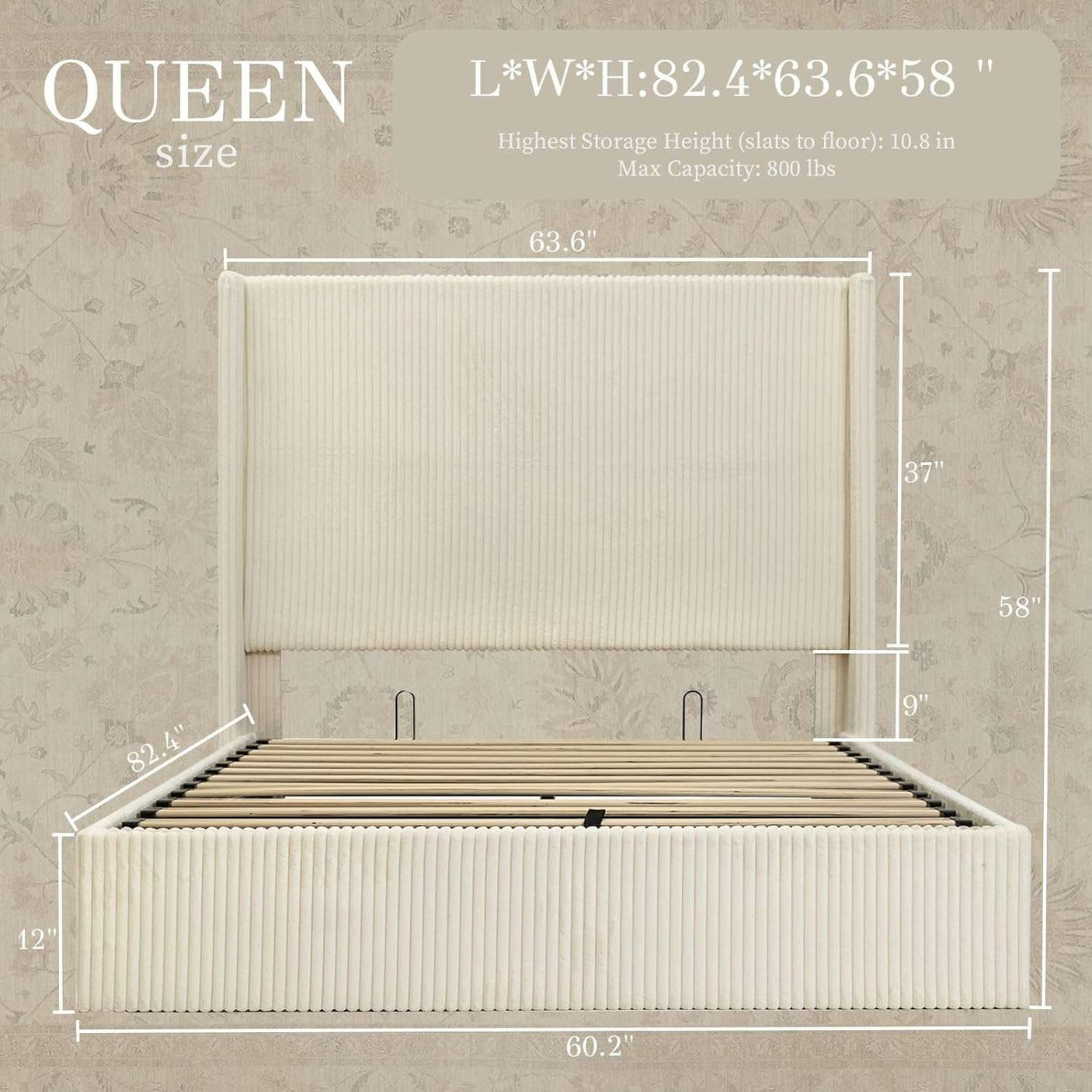 58" Tall Full Bed Frame with Lift Up Storage