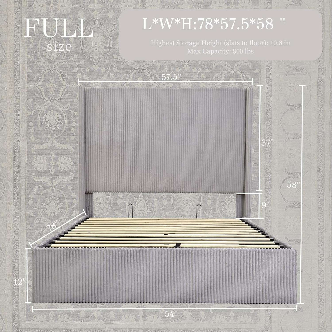 58" Tall Full Bed Frame with Lift Up Storage