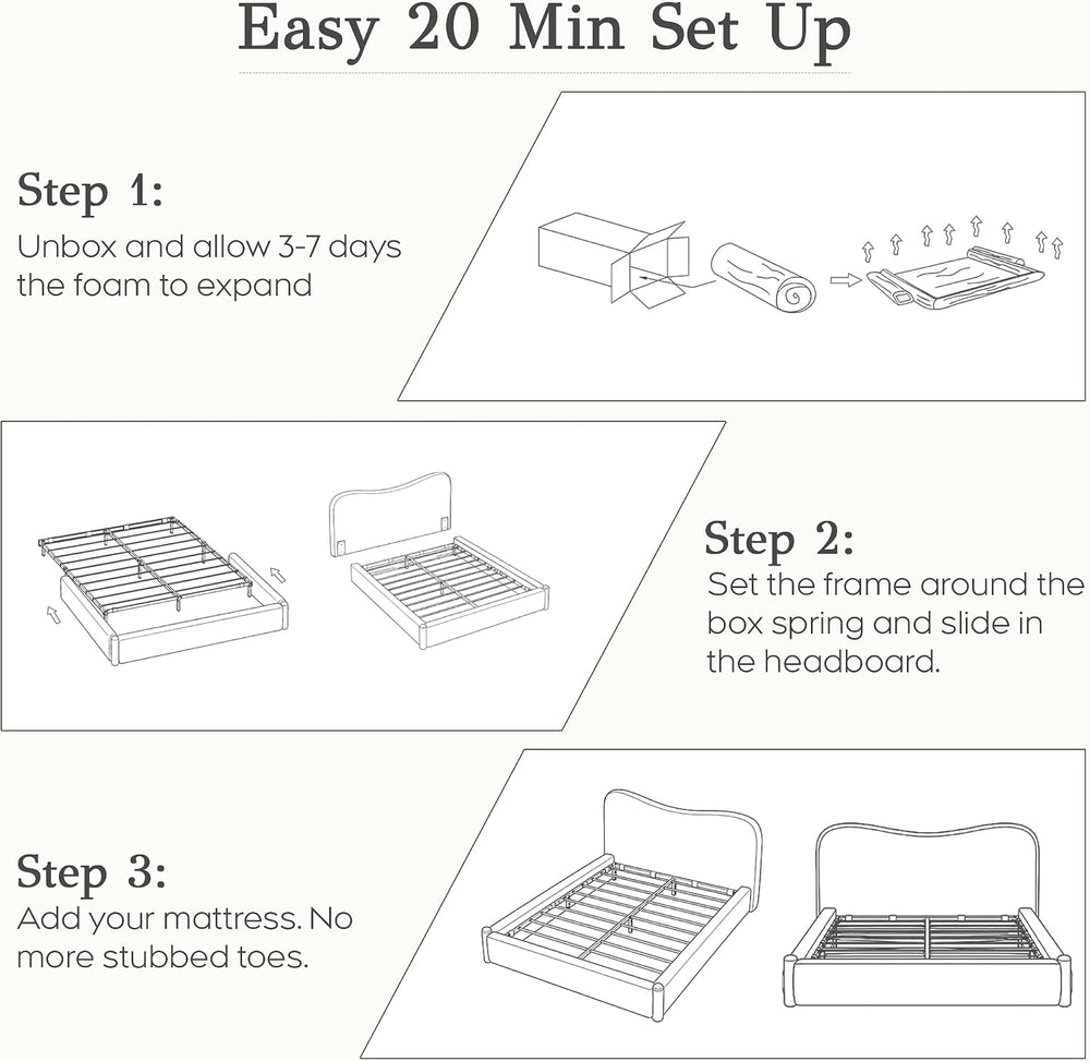 Cloud Bed Frame with Solid Wood Posts | 6-Inch Thick Headboard | 40.5" Tall Camelback Curved Headboard | Upholstered Platform Bed | Queen & King