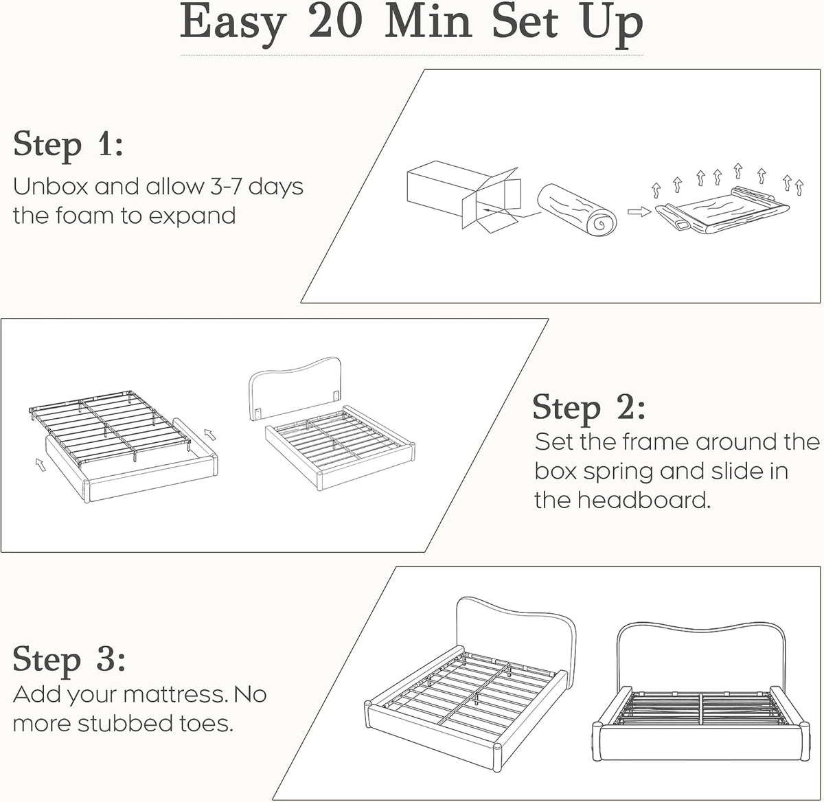 Cloud Bed Frame with Solid Wood Posts | 6-Inch Thick Headboard | 40.5" Tall Camelback Curved Headboard | Upholstered Platform Bed | Queen & King