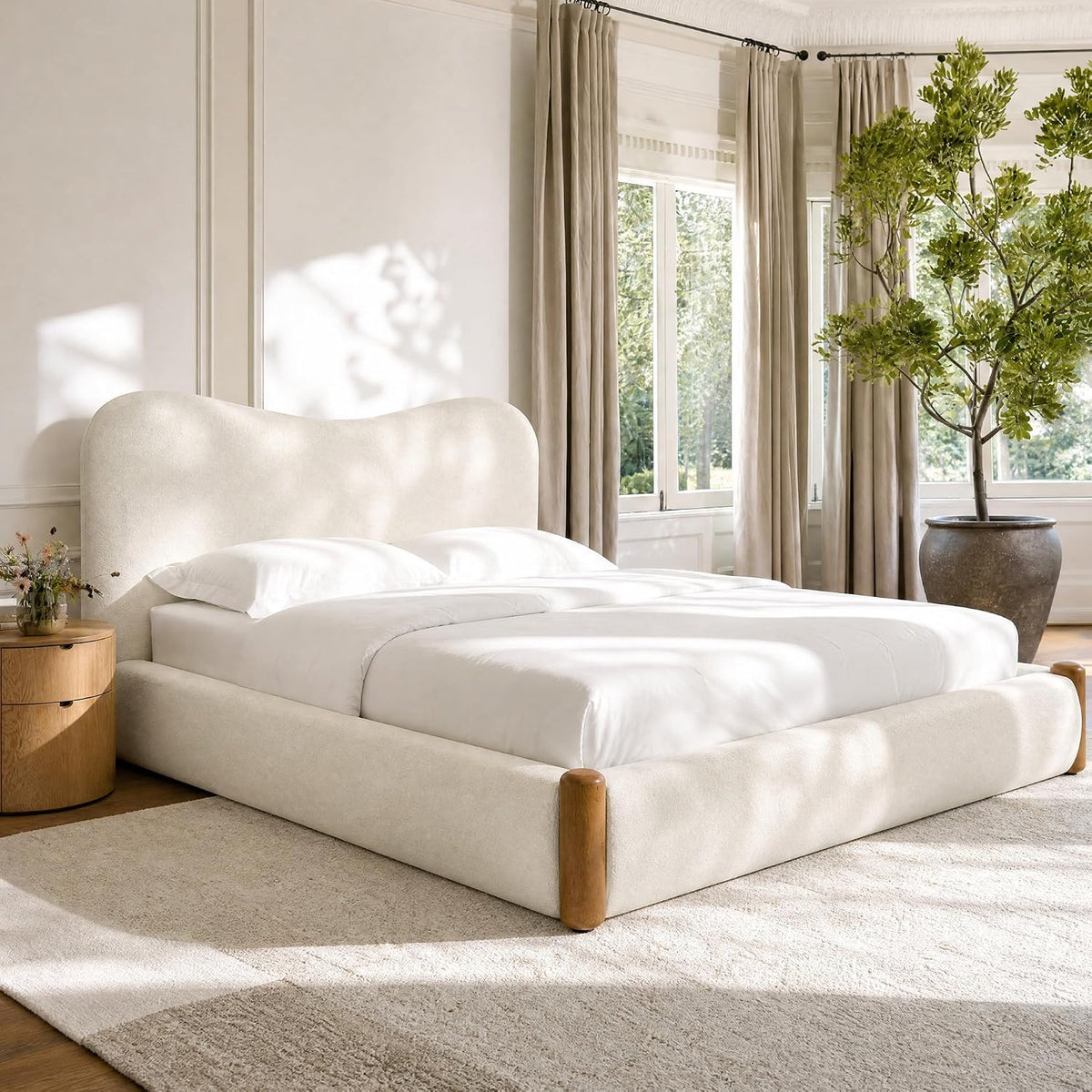 Cloud Bed Frame with Solid Wood Posts | 6-Inch Thick Headboard | 40.5" Tall Camelback Curved Headboard | Upholstered Platform Bed | Queen & King