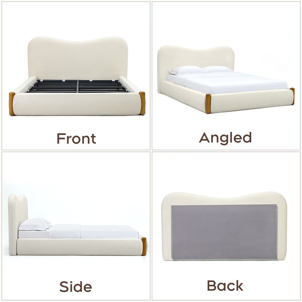 Cloud Bed Frame with Solid Wood Posts | 6-Inch Thick Headboard | 40.5" Tall Camelback Curved Headboard | Upholstered Platform Bed | Queen & King