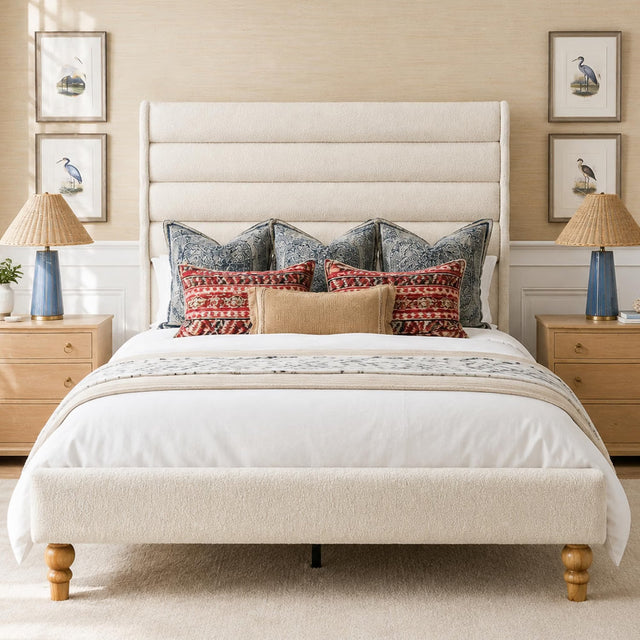 Yechen Cloud Boucle Bed Frame | Wavy Headboard | Full & Queen | No Box Spring | Beige