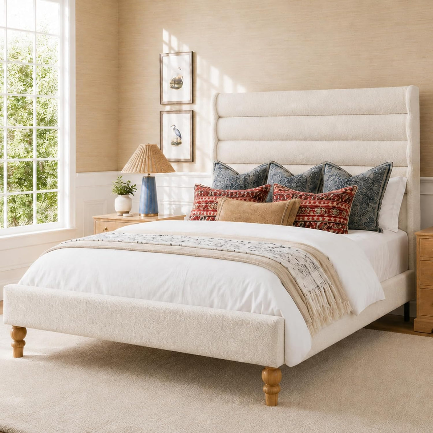 Yechen Cloud Boucle Bed Frame | Wavy Headboard | Full & Queen | No Box Spring | Beige 2