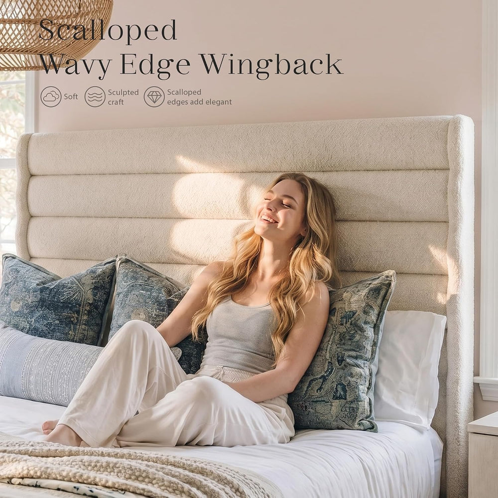 Yechen Cloud Boucle Bed Frame | Wavy Headboard | Full & Queen | No Box Spring | Beige 4
