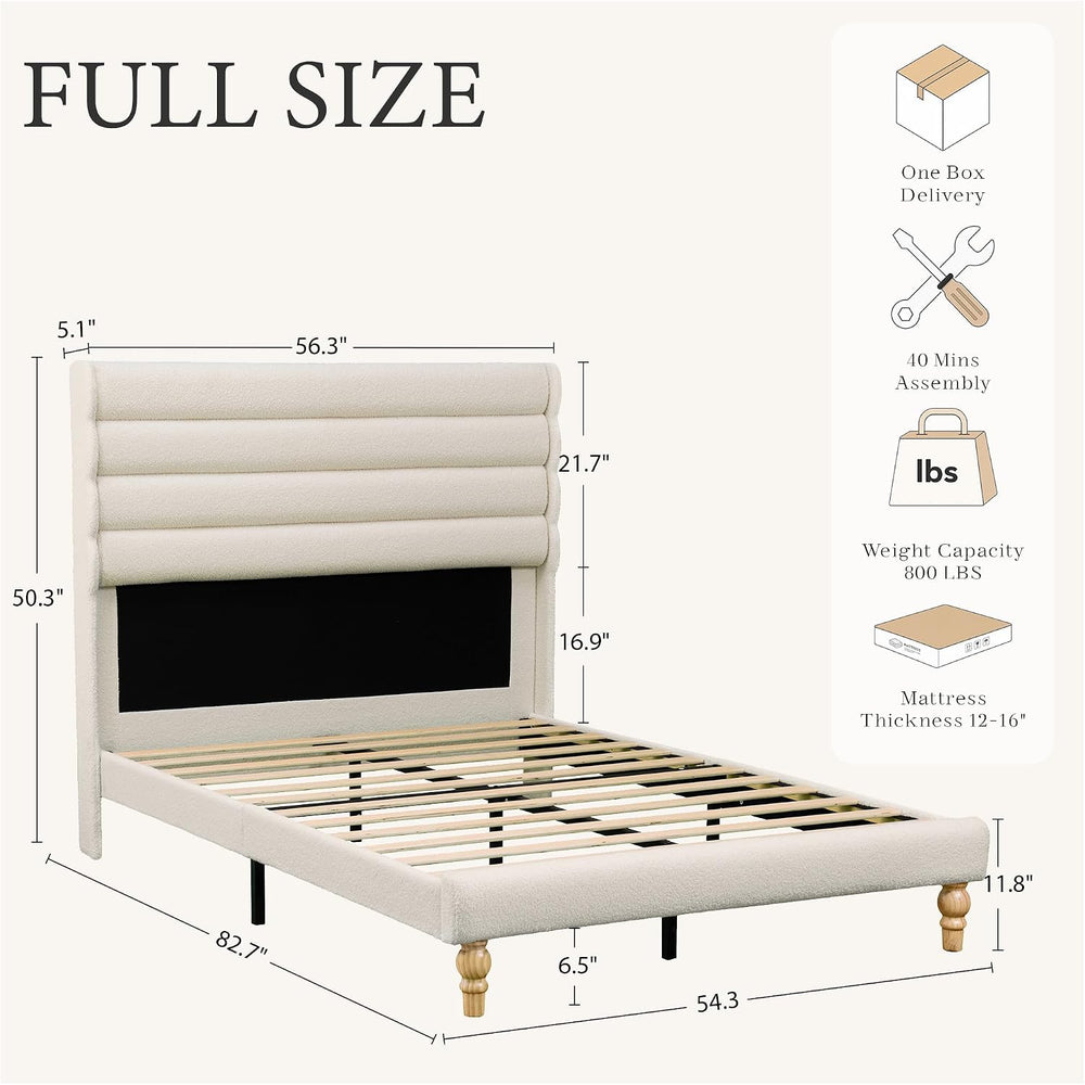Yechen Cloud Boucle Bed Frame | Wavy Headboard | Full & Queen | No Box Spring | Beige full size
