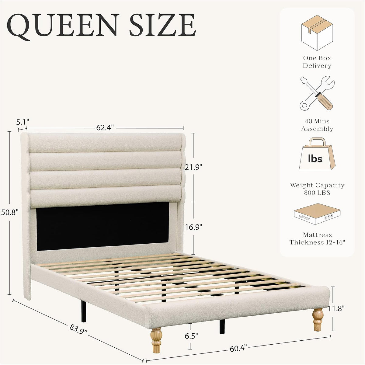Yechen Cloud Boucle Bed Frame | Wavy Headboard | Full & Queen | No Box Spring | Beige queen size