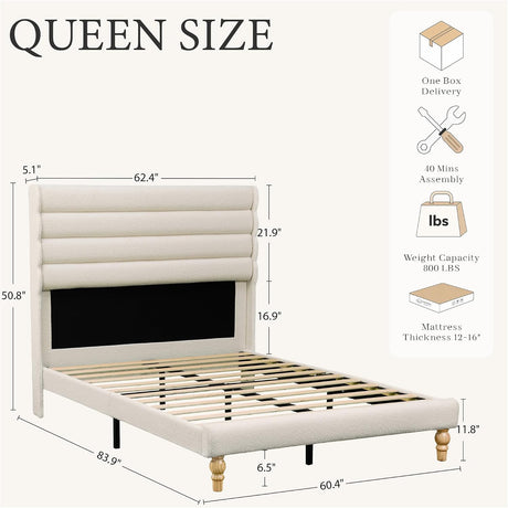 Yechen Cloud Boucle Bed Frame | Wavy Headboard | Full & Queen | No Box Spring | Beige queen size