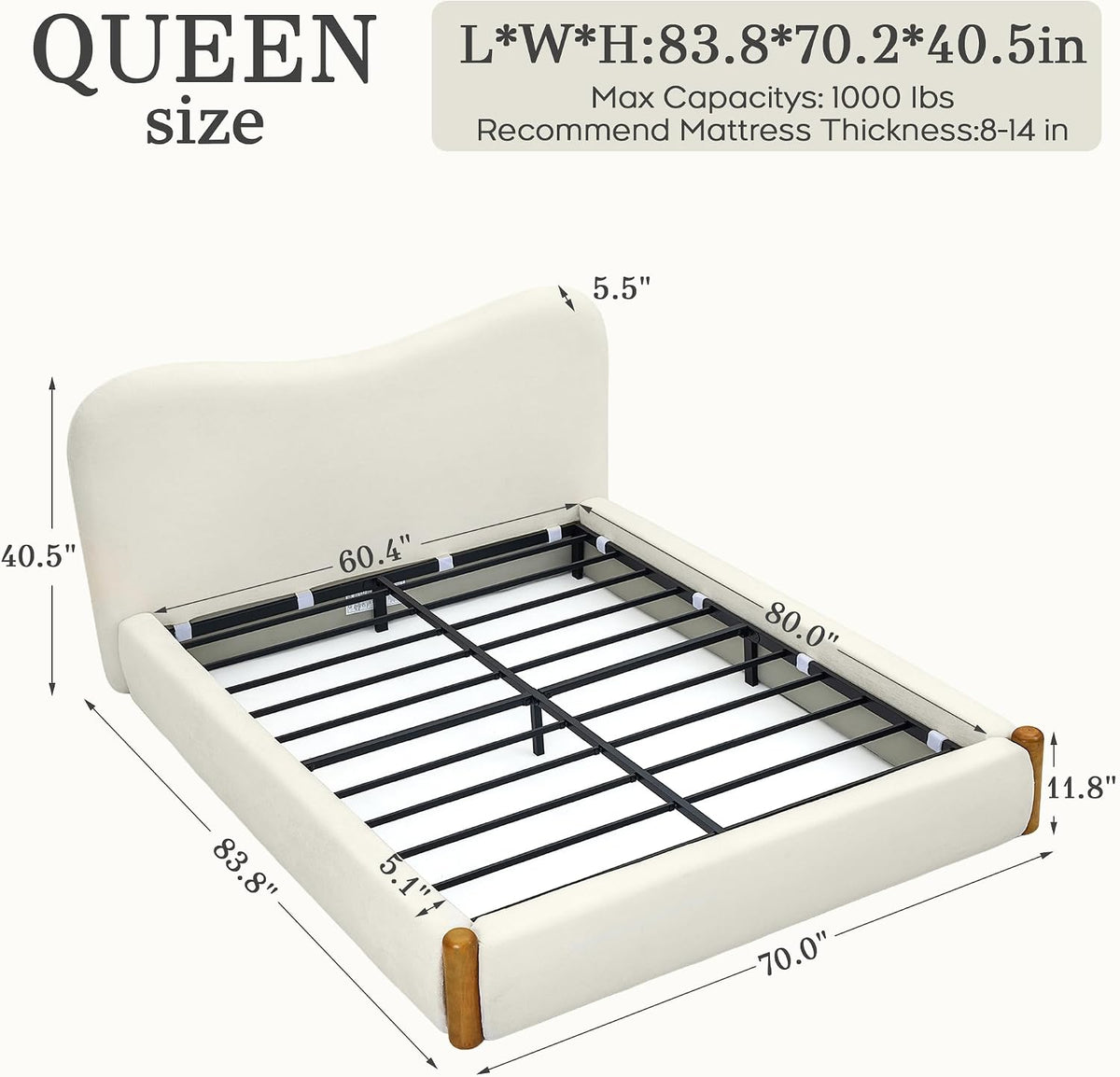 Cloud Bed Frame with Solid Wood Posts | 6-Inch Thick Headboard | 40.5" Tall Camelback Curved Headboard | Upholstered Platform Bed | Queen & King