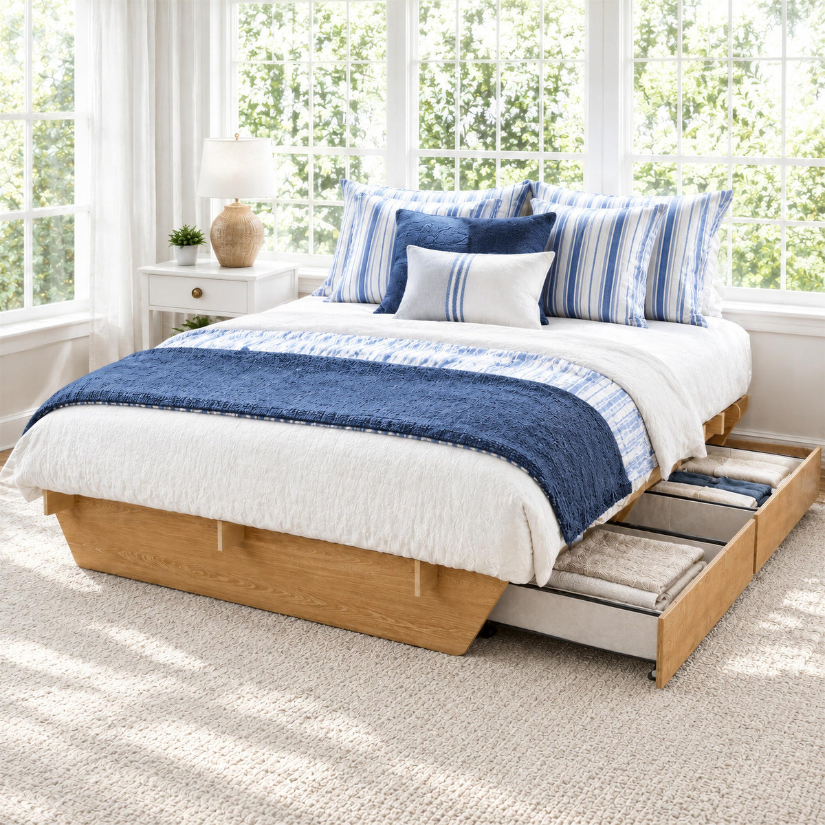Queen Wood Platform Bed Frame 2 Drawers, Japanese Joinery, Natural