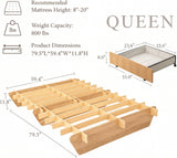 Queen Wood Platform Bed Frame 2 Drawers, Japanese Joinery, Natural